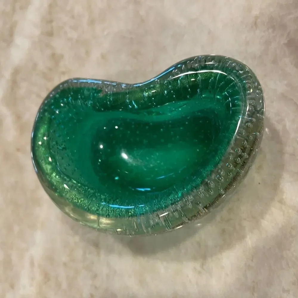 Vintage Murano glass candy dish Green with gold beautiful  bean shaped